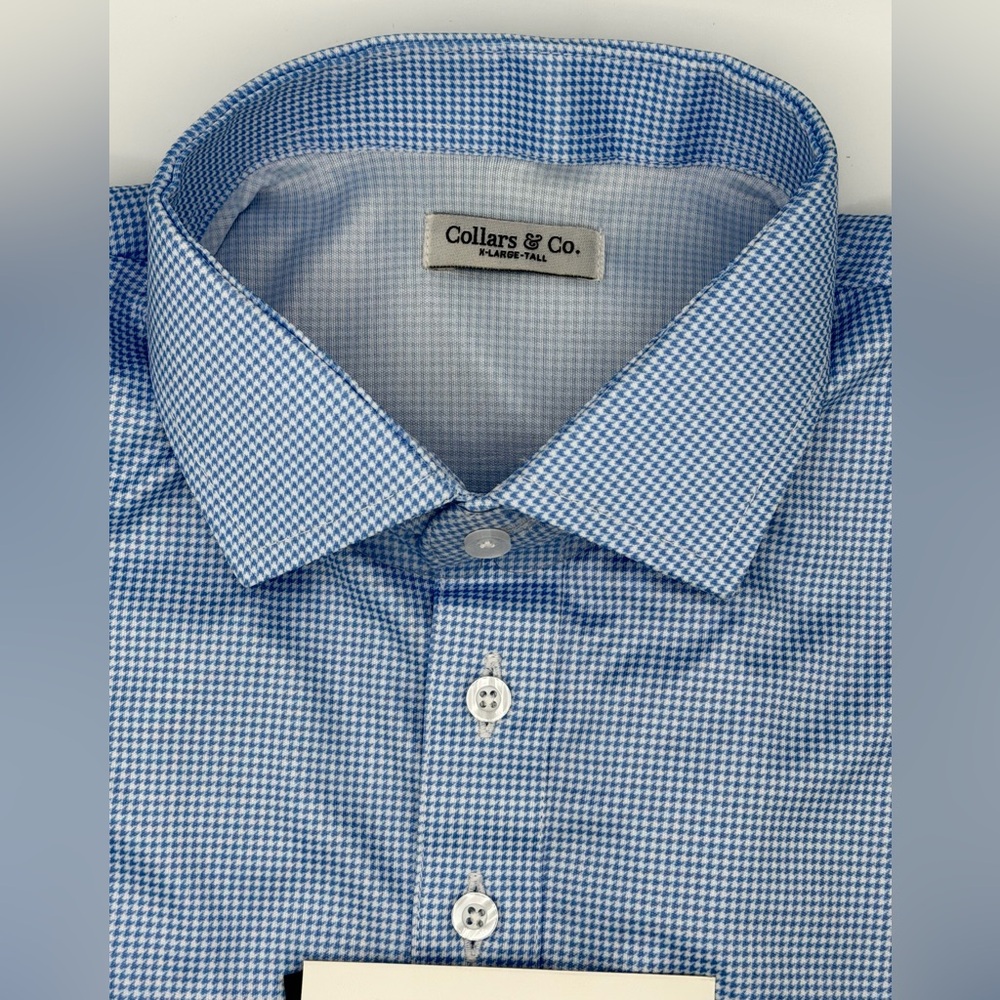Collars & Co NWT Semi-Spread Collar Polo In Blue Houndstooth Print. Size XL Tall - Picture 8 of 14